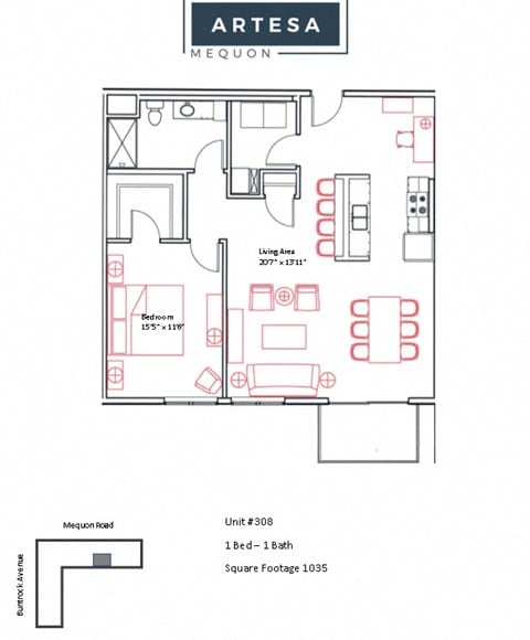 Floor plan for 1 bed, 1 bath, 1054 sqft